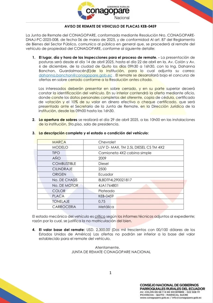 AVISO DE REMATE DE VEHICULO