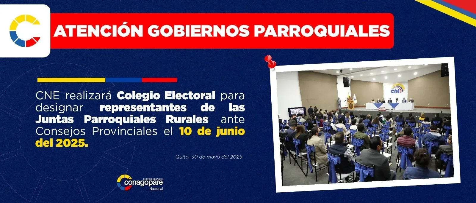 CNE realizará Colegio Electoral para designar representantes de las Juntas Parroquiales Rurales ante Consejos Provinciales